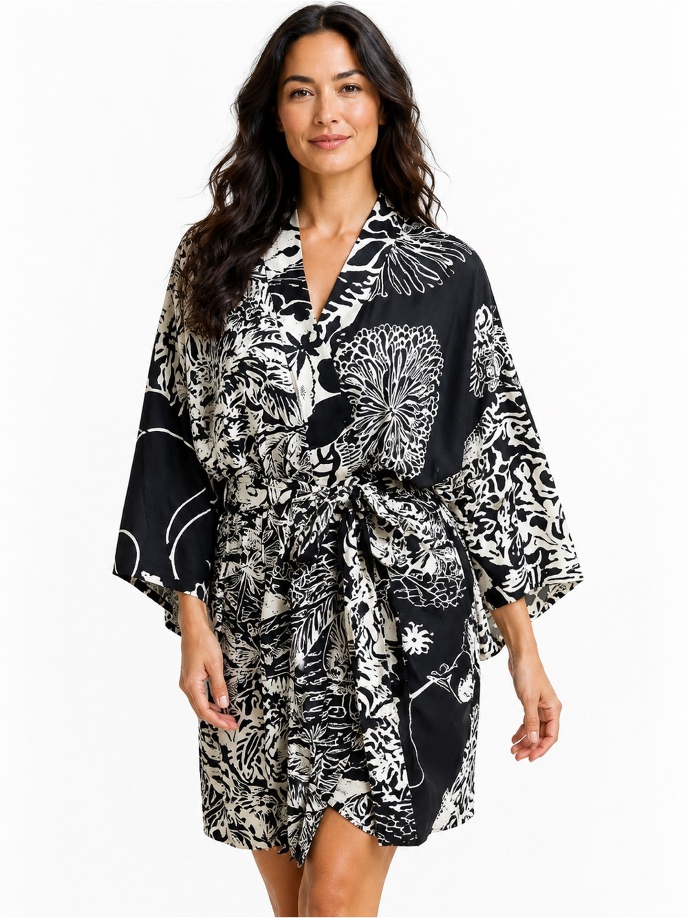 Jams World Rayon Kimono Robe Black White Art Print Resort Cover Up M